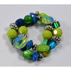 Stretch Bracelet Double Strand with Blue Green‎ Silver Faceted & Flat Beads 8"